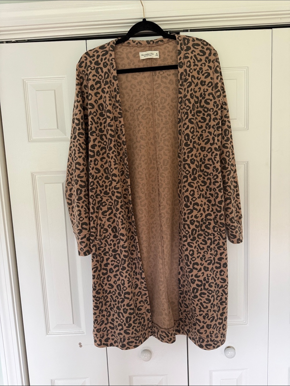 Leopard Open-Front Long Cardigan Sweater - Tan/Black